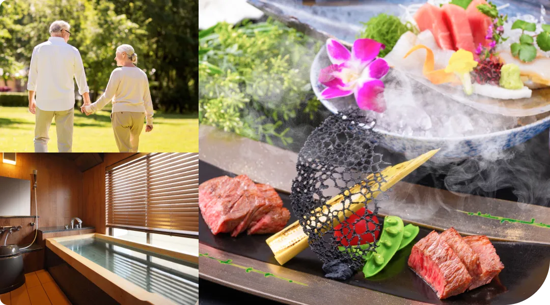 写真：手を繋ぐ夫婦・客室風呂・お食事コース